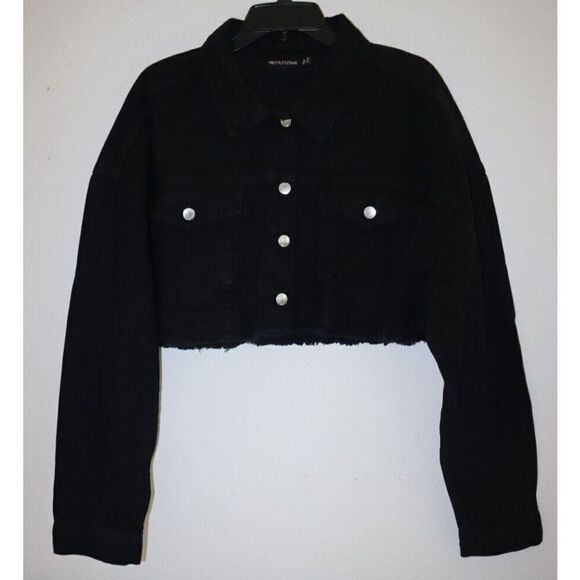 PRETTY LITTLE THING Women's Sz 12 Washed Black Basic Raw Edge Denim Crop Jacket - Picture 1 of 10